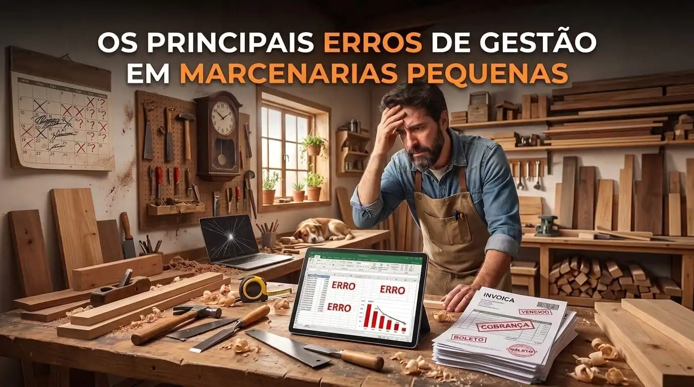 Um carpinteiro com a mão na cabeça demonstra preocupação em sua oficina, olhando para um tablet com uma planilha repleta de erros vermelhos e um gráfico de decline. Acima, o texto: 'OS PRINCIPAIS ERROS DE GESTÃO EM MARCENARIAS PEQUENAS'.